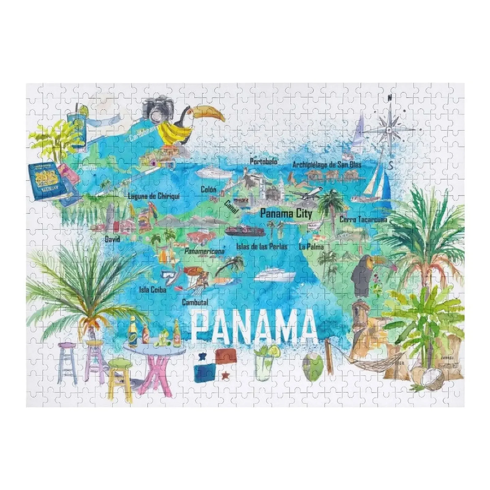 Panama Illustrated Travel Map with Tourist Highlights and Panamericana Jigsaw Puzzle Personalized Gift Puzzle