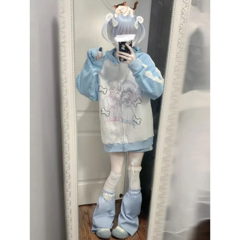 Japanese Casual Cartoon Print Hoodies Women Y2k Kawaii Loose All Match Cute Contrast Color Coats Fashion Zipper Sweatshirts