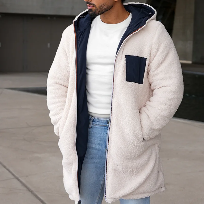 KIDWHXR Autumn Winter Man Hooded Jacket Contrast Color Male Loose Windbreaker Mid Length Long Sleeve Casual Men Two-side Coat