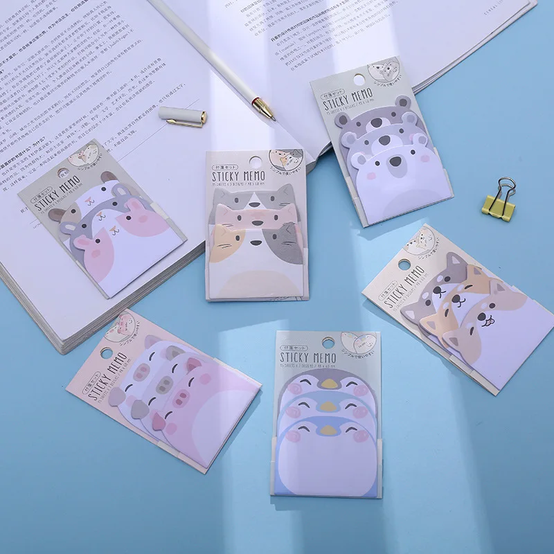 45Sheets/Pack Kawaii Cartoon Sticky Notes - Penguin Pig Bear Cat Memo Pads Cute Stationery for Students Office Supplies Gift