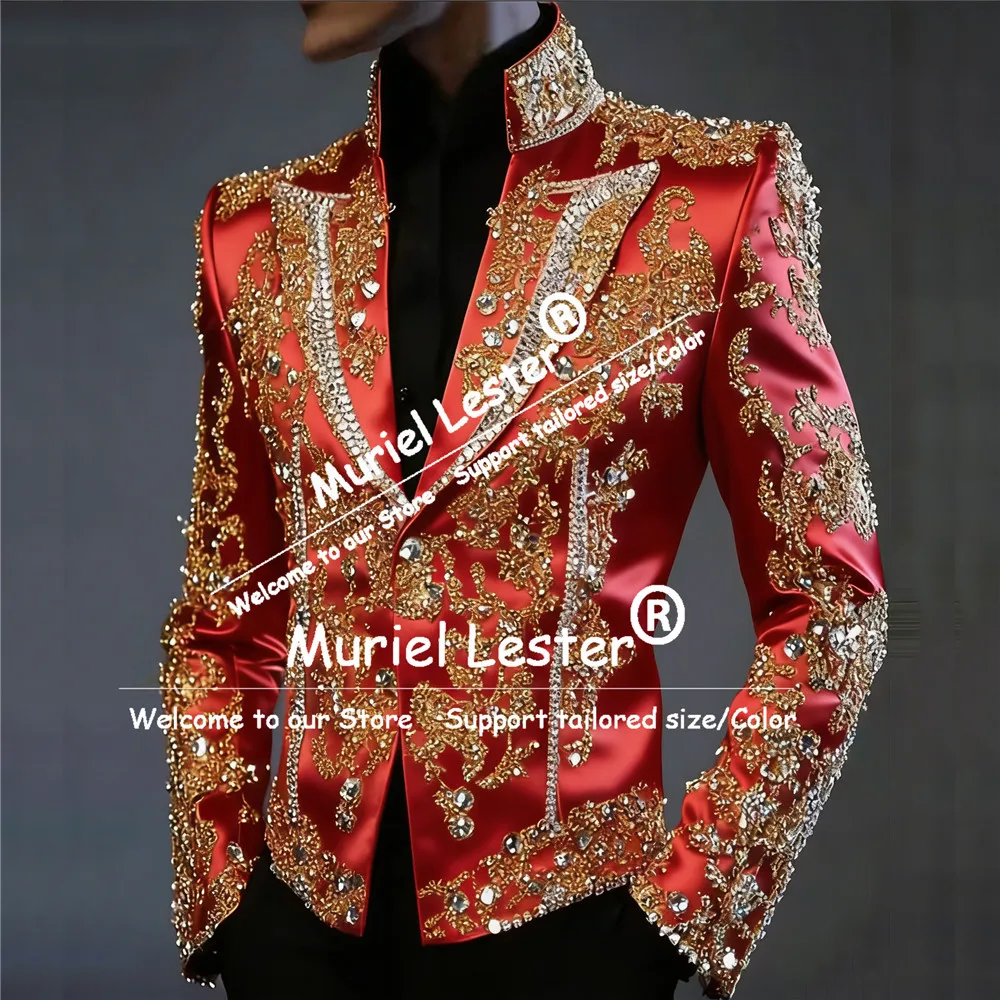 Abito da uomo con pietre con perline brillanti Giacca da uomo slim fit in raso a 2 pezzi con pantaloni in poliestere Abito da smoking da sposo personalizzato