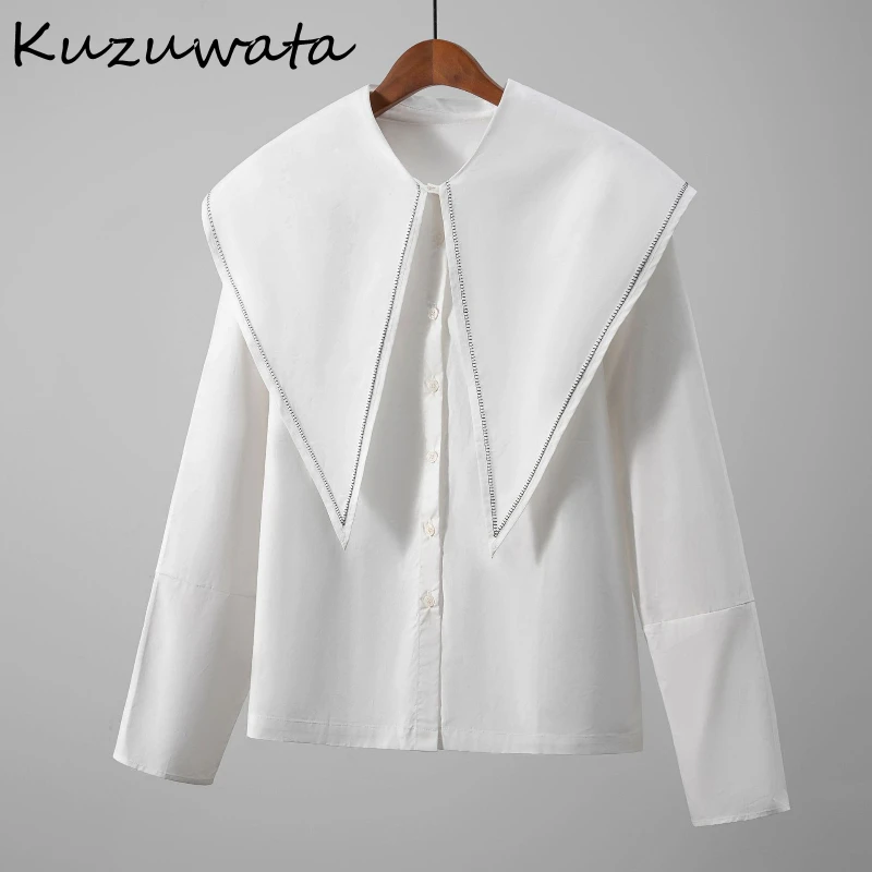 

Kuzuwata Early Autumn New Shawl Collar Elegant Shirt Temperament Single Breasted Minority Tops Japan Loose Simple French Blusas