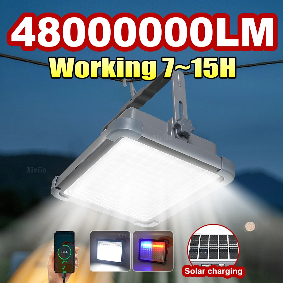 

48000000LM Рабочий 7 ~ 15 часов Солнечный перезаряжаемый фонарь для кемпинга Портативный прожектор 4 * 18650 Аккумулятор Power Bank Светодиодный светильник для палатки Аварийное освещение Портативный прожектор