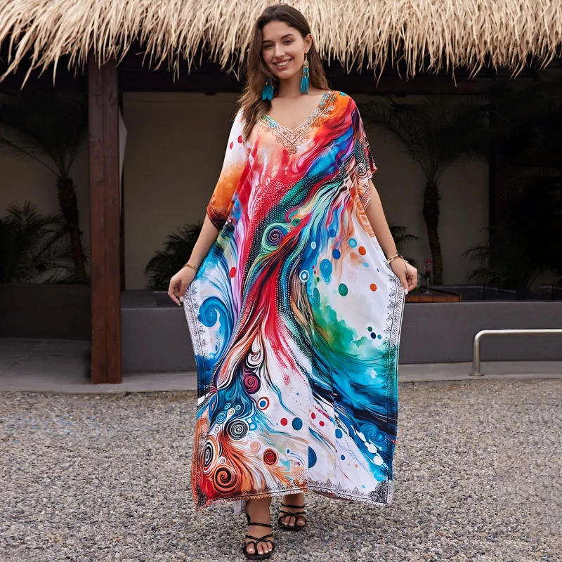 Plus Size Boho Cover Up abito allentato donna Summer Tie Dye Kaftan Print manica a pipistrello a righe con scollo a V Split Maxi Beachwear Dress