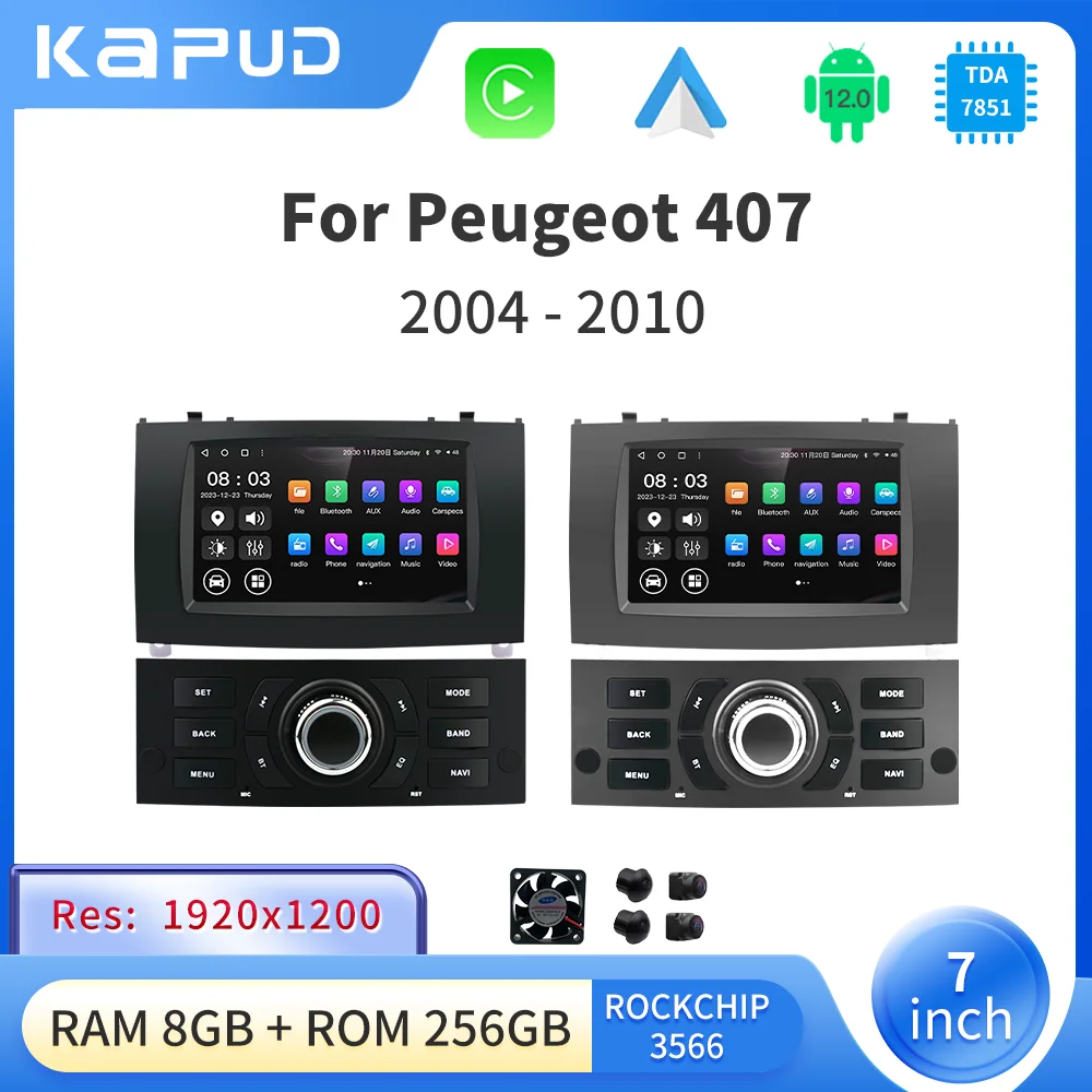 Kapud 7″ Android 12 Car Radio Multimedia Player GPS 360 Camera For Peugeot 407 2004-2010 CarPlay AUTO Navi BT 2DIN DSP SWC