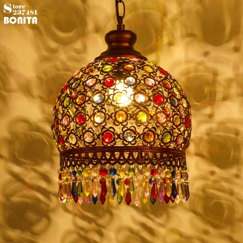 Bohemian 3-Light Chandelier, Vintage Turkish Colored Crystal Glass Pendants, Mediterranean Restaurant Cafe Pendant Lamp, D18cm