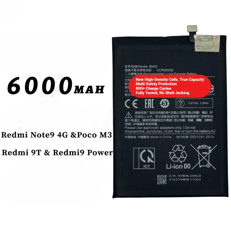 BN62 for Xiaomi Redmi Note 9 4G/Poco M3/9T/9 Power Phone Battery 0 Cycle High Capacity Battery Replacement Bateria with Tools