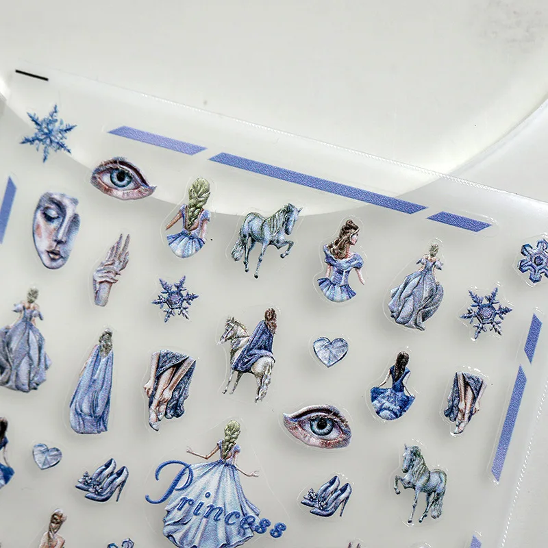 

5D Realistic Relief Cool Blue Ice Snowflake Princess Horse Eye High Heels Adhesive Nail Art Stickers Decals Manicure Ornaments