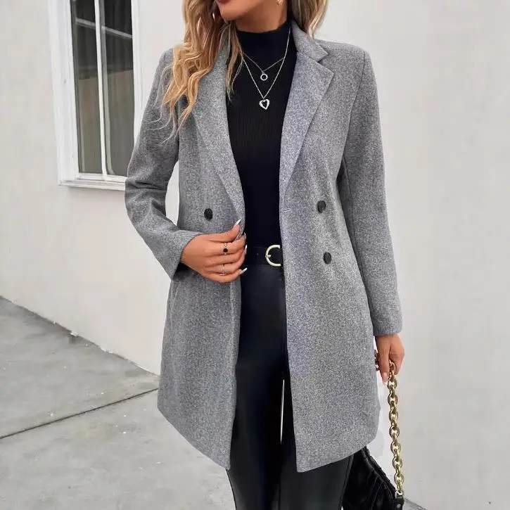 

Faionable Casual Woolen Coat Women's Long Double-breasted Lapel Pure Color Autumn Winter Outerwear Ele Lady Sle