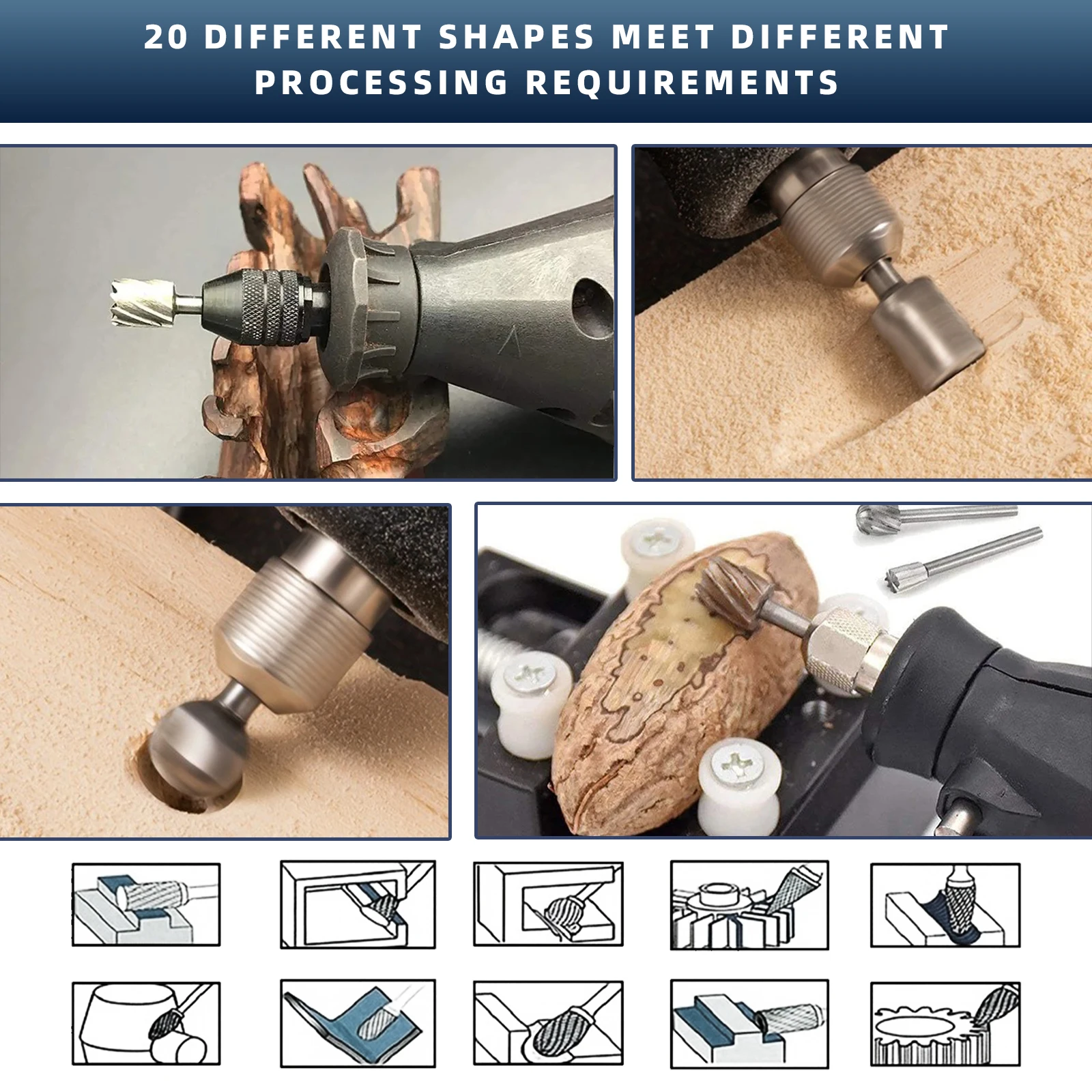 Set di punte da trapano e frese da 20 pezzi con gambo da 1/8 di pollice, adatto per la lavorazione del legno, intaglio, incisione e foratura fai-da-te