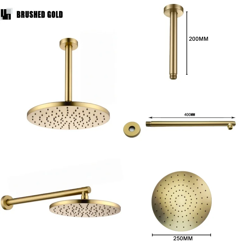 Bathroom Overhead Ceiling Mount Shower Arm and Head Gray Gold Black Rain Shower Head Rod 10 Inch Round Shower Head