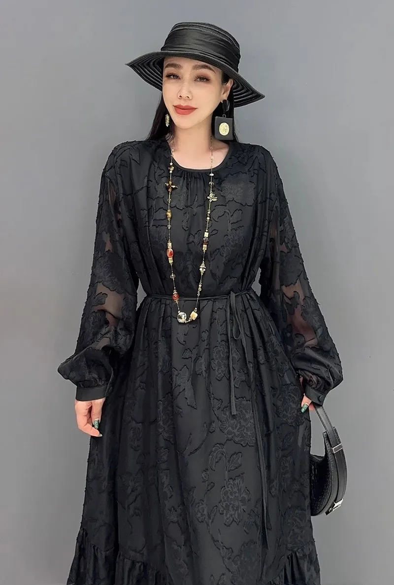 Summer 2024 O Neck Elegant Printed Loose Long Dresses For Women Fashion Black Long Sleeve Dress Female Wholesale