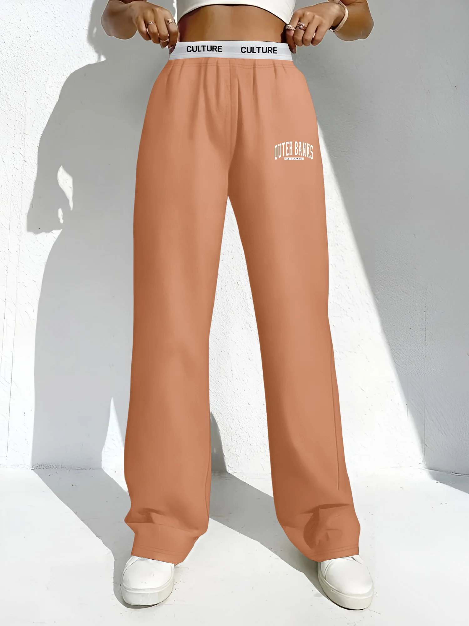 

Outer Banks Vintage College Letter Graphic Ladies Wide Leg Pants Flip Contrast Waist Urban Casual Side Pocket Sweat Trousers