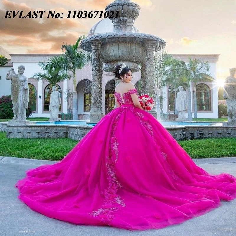 EVLAST-vestido De quinceañera rosa brillante, vestido De baile, apliques De flores 3D, corsé mexicano con cuentas, dulce 16, 15 años, SQ29