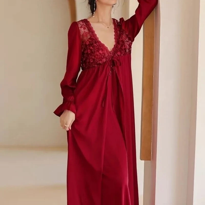 Women\'s Sexy Nightgowns Set Red Color Summer Spring Ladies Bathrobe Suit Lace Backless Deep V Neck Nightdress for Female 2024