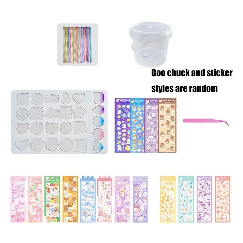 Colorful Cartoon Sticker Bucket with Keychain Blanks for Personalizing Laptops