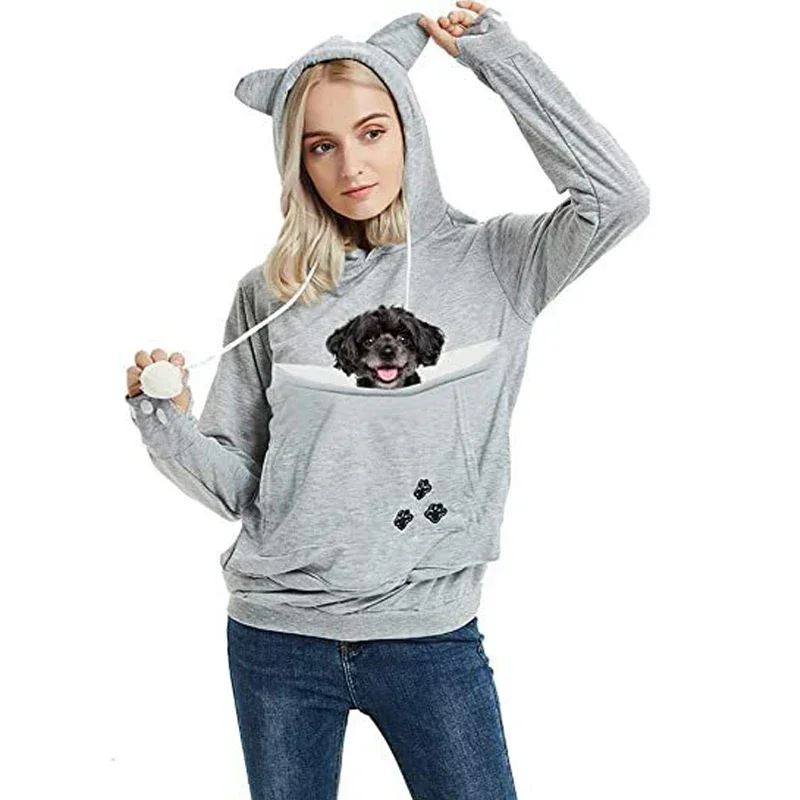 Women\'s Pullover Sweater Cute Cat and Dog Printed Big Pocket Sweater Outdoor Pet Bag Long Sleeve Hooded Loose Sweater