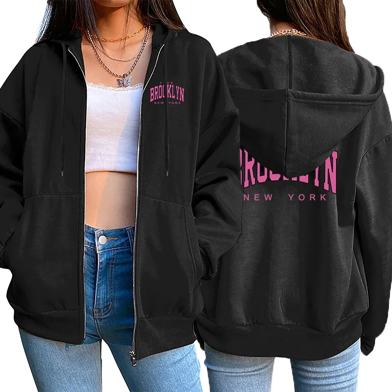 2025 الاتجاه الجديد المرأة سترات بأكمام طويلة جودة عالية بروكلين سحاب مطبوع هوديس الخريف السيدات الحضرية بلوزات على الموضة غير رسمية