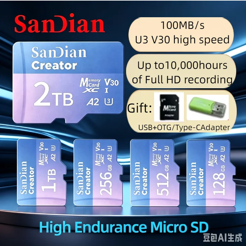 

Micro TF SDXC Card V30 A2 128GB‑1TB High Speed Max 190Mb/s Blue TF Card for Home Monitoring Dash Cam Drones