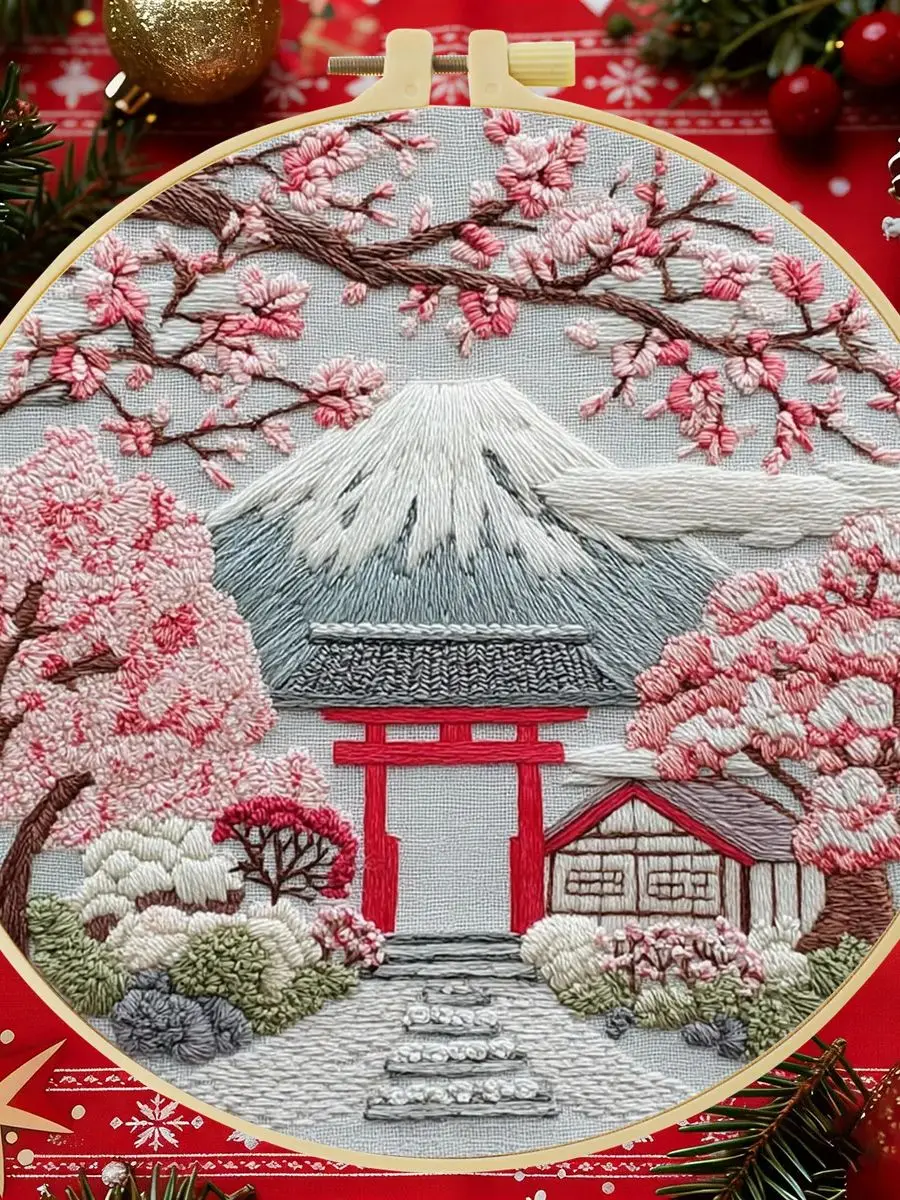 1 Stück 20X20CM/15X15CM Kirschblüten und Schneeberge Stickerei Starter-Kit DIY Kreuzstich Nähkunst als Geschenk – Detail 1