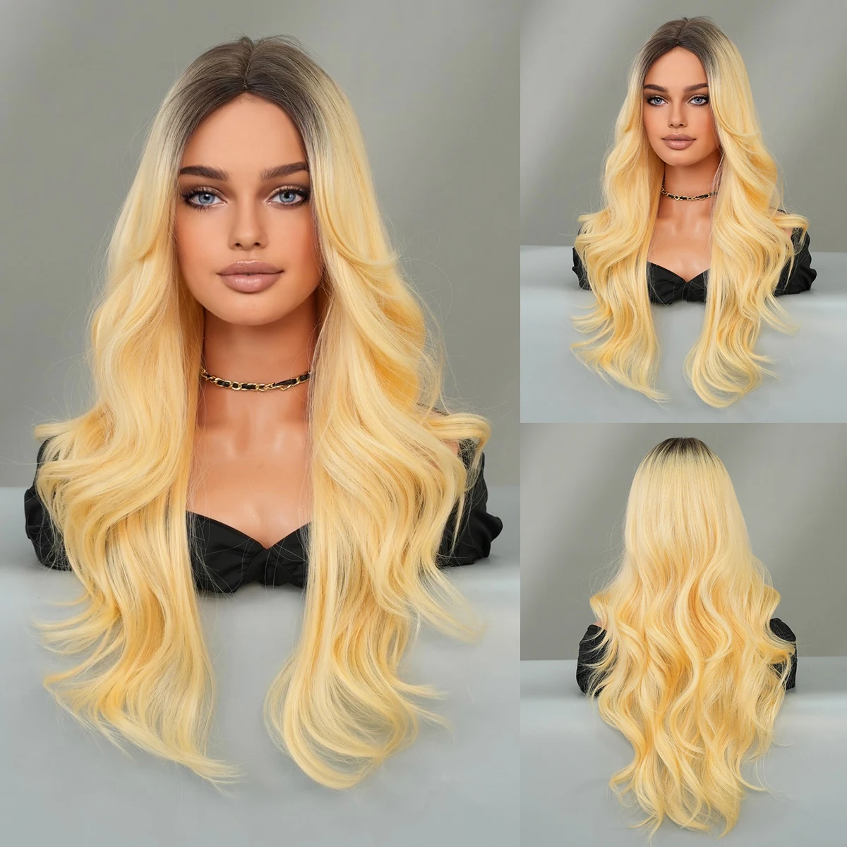 

PARK YUN Loose Body Wavy Blonde Wig for Women High Density Synthetic Dark roots Hair Wigs Medium Wigs Beginner Friendly