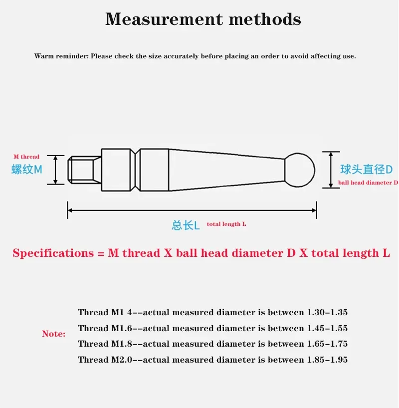 New M1.4 M1.6 M1.8 M2 Thread 2mm Head OD 15mm / 44.5mm Length Ruby Head Pin Gauge Micrometer Tip Lever Dial Test Indicator Probe