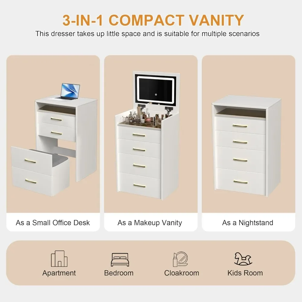 3 in 1 Vanity Desk with Plip Top Mirror and Lights,Compact Vanity Set with Visible Glass Desktop,Small Makeup Vanity Table