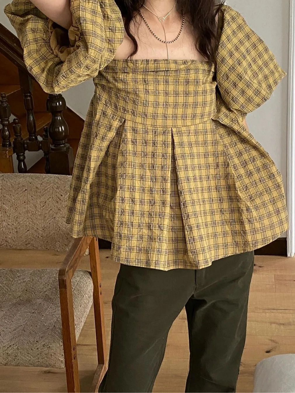 

Летний шикарный женский топ в стиле ретро с квадратным воротником Bubble Sve irt Color Blo Plaid Splice Pleated, универсальный съемный женский топ Faion