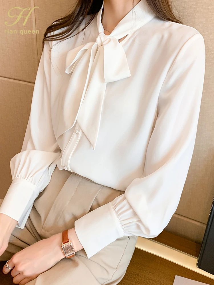 H Han Queen New Arrival Shirt Womens Blouse Vintage Work Casual Tops Chiffon Blouse Bow Elegant Loose Women Business Shirts 2021