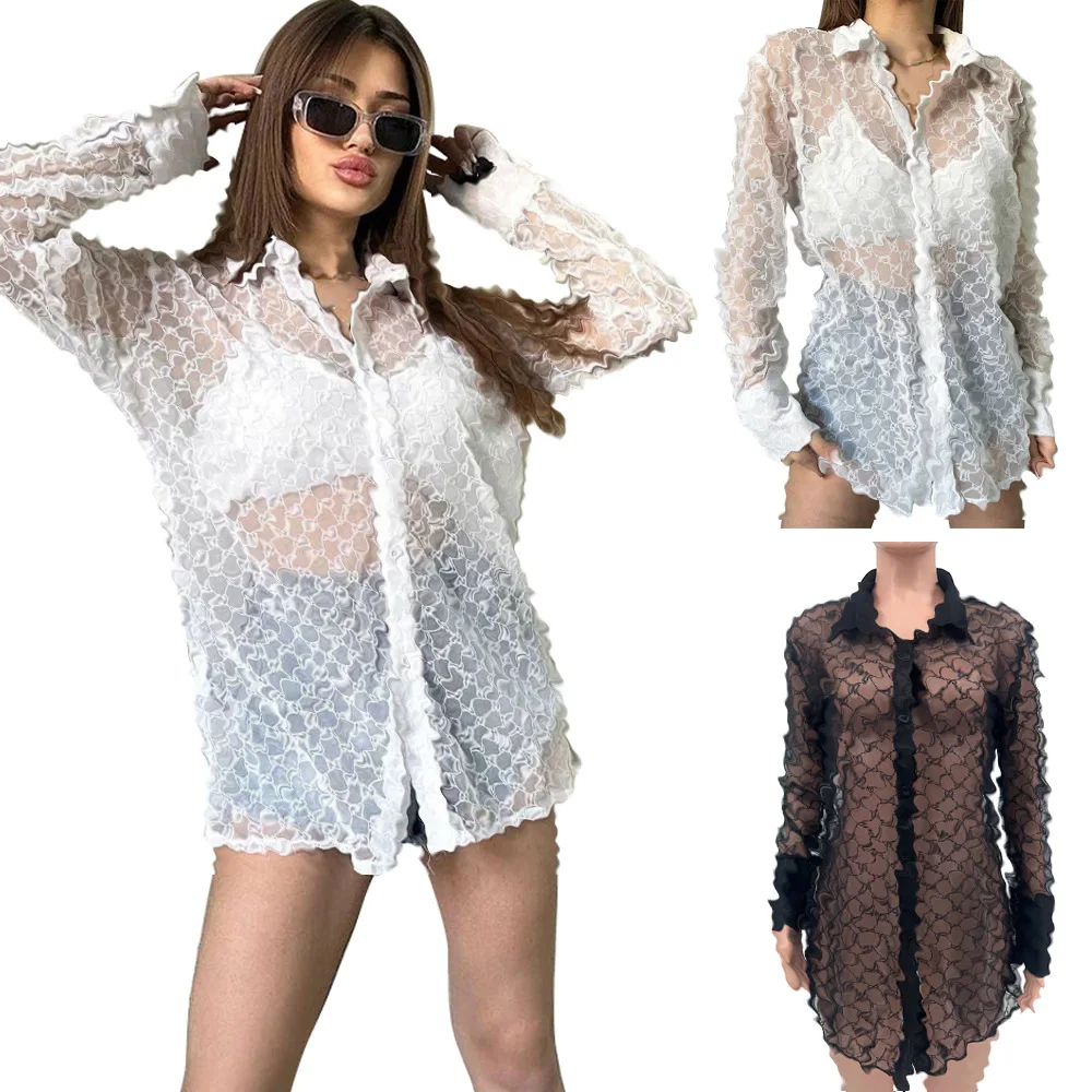 Camisa Blanca Estilo Y2K, Blusa Transparente Sexy de Manga Larga para Mujer, Nueva Moda Casual, Ropa Exterior Transparente, Camisa de Tul, Tops Negros