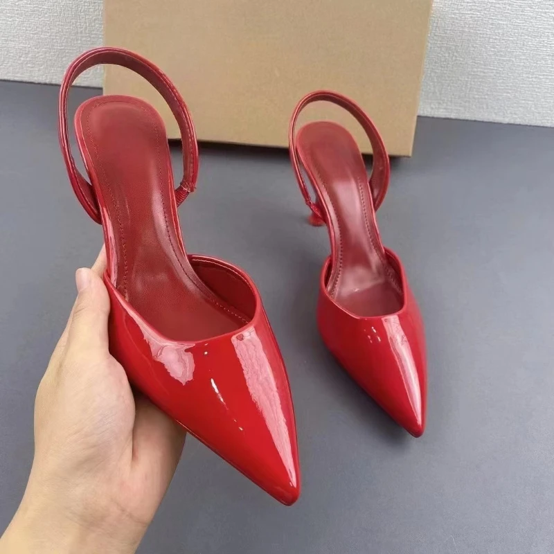 Women Red Slingback High Heel Pumps Pointed Toe Patent Leather Stiletto Elegant Evening Party Wedding Office Shoes Comfortable