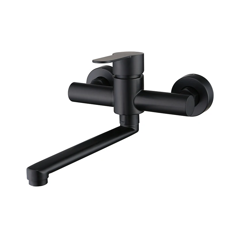 Wall Mounted Double Hole Kitchen Sink Faucet 304 Stainless Steel Single Handle Faucet Hot and Cold Mixing Faucet Matte Black
