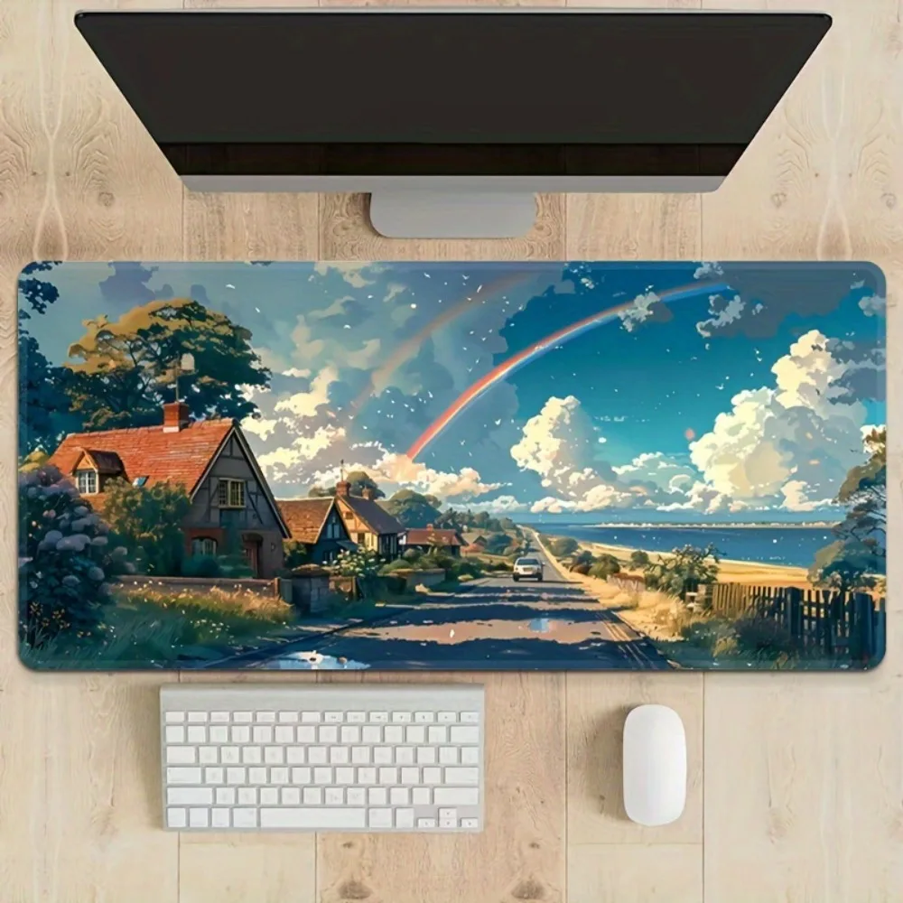 Large Coastal Village Desktop Mat PC Additions, Gaming Mouse Pad, Keyboard Pad, Laptop Rubber Mat Suitable for Office Computers