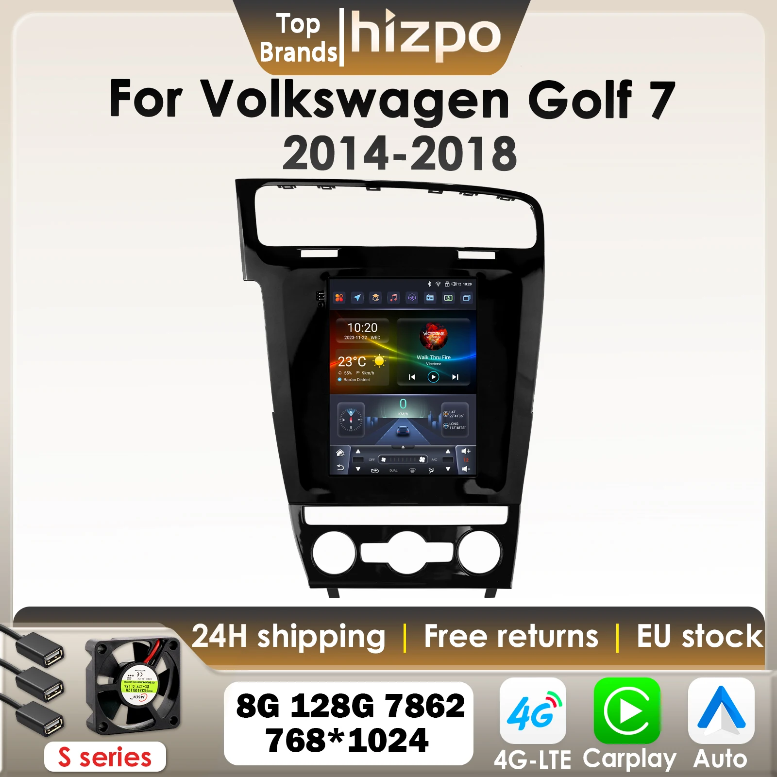 Hizpo 9,7" Carplay Android Autoradio für Volkswagen Golf 7 2014 -2018 mit Tesla Style Multimedia Vertikaler Bildschirm GPS 4G BT 7862