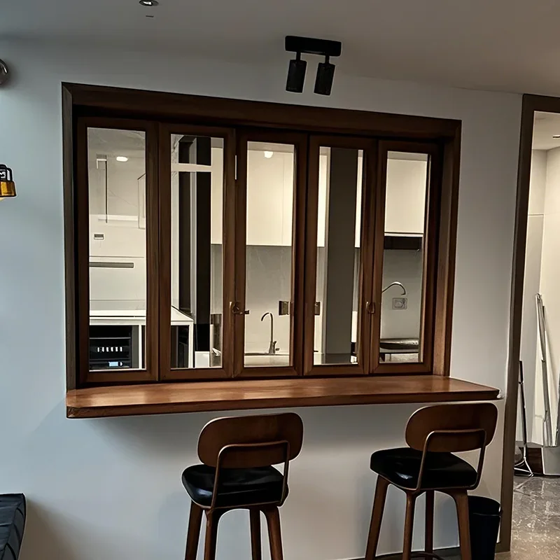 Indoor solid wood windows folded and opened, original wood windows, wood folding left and right, sliding wooden partition