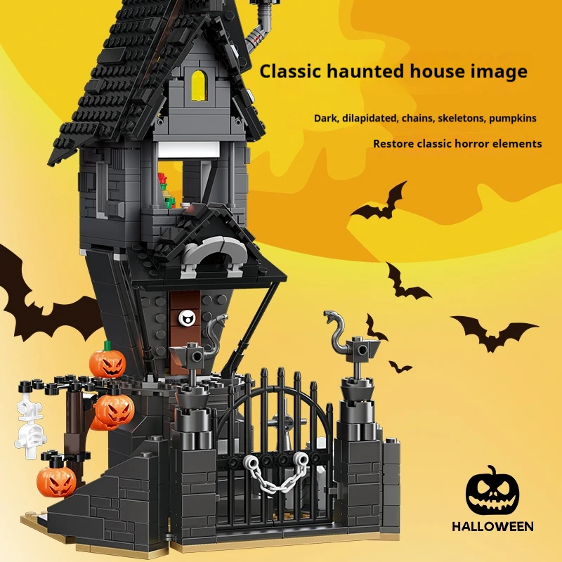 

Classic Halloween horror house assembly building blocks set, detailed horror elements, decoration holiday gifts for adults kids