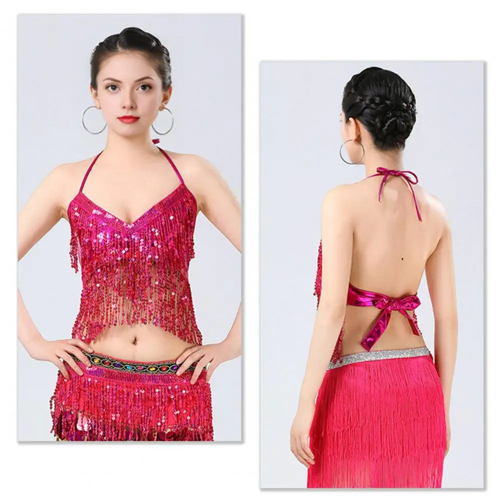Sequin Stage Outfit Sparkling Sequin Belly Dance Tops for Women Festival Carnival Attire with Fringe Detail Rave Party for Girls