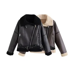 PB&ZA2024 Autumn New Women's Fashion Style Casual Warm and Versatile Flip Collar Fur Integrated Jacket Coat