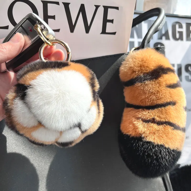 Cute Real Rex Rabbit Fur Tiger Paw Tail Key Ring Hanging Keychain for Handbags Backpacks Bag Charm Ornaments Plush Pendant 2025