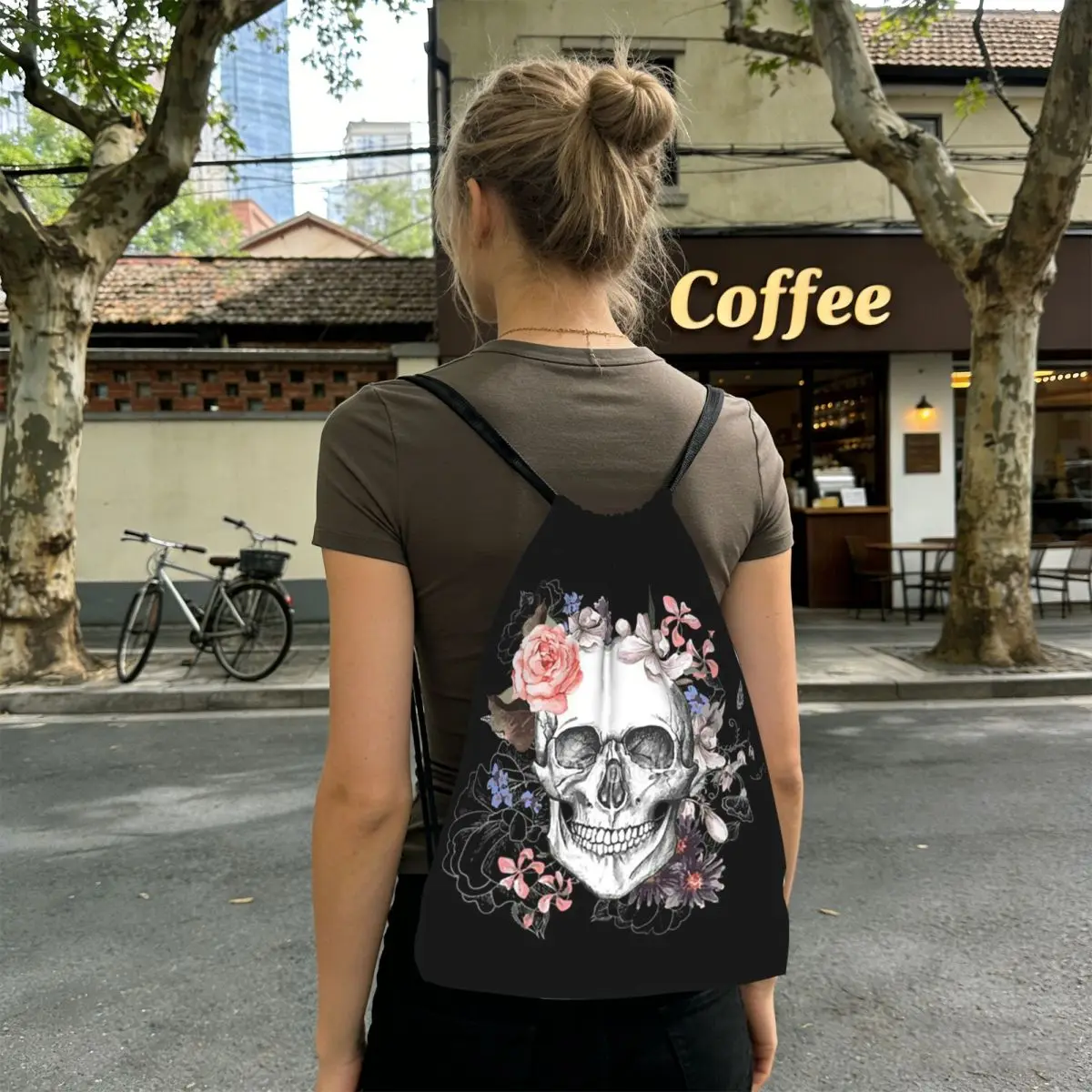 Vintage Gothic Skull Roses Backpacks Portable Drawstring Bags Shoes Bag Book Bags for Man Woman Students