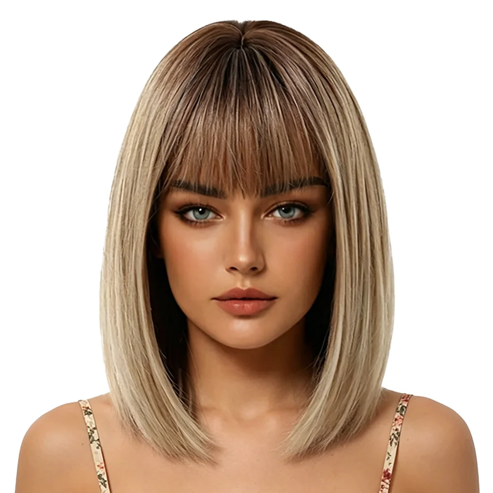 Ombre Blonde Straight Bob Wig With Air Bangs Dark Roots Balayage Ash Blonde Glueless Synthetic Wigs For Women Natural Daily Wear