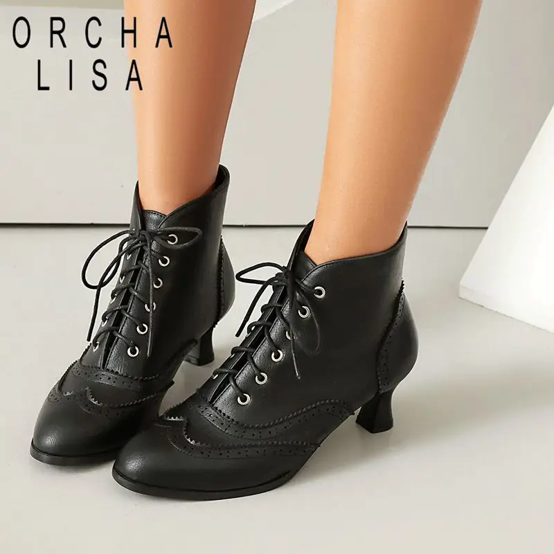 

ORCHA LISA 2025 Vintage Ankle Boots For Women Round Toe Unusual Heels 5cm Lace Up Large Size 41 42 43 Daily Casual Female Shoes