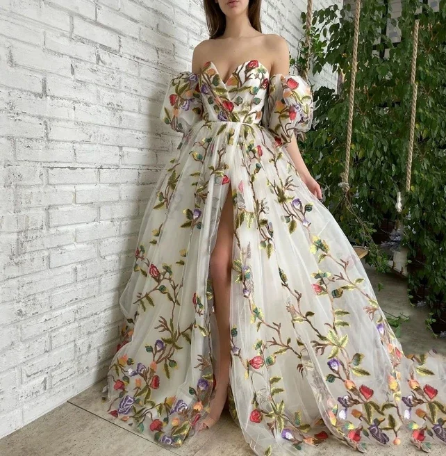 

Women's Dress 2024 Elegant Wedding Dress Sexy One Shoulder Strapless Open Cut Flowers Embroidered Mesh Puff Sleeve Long Dress