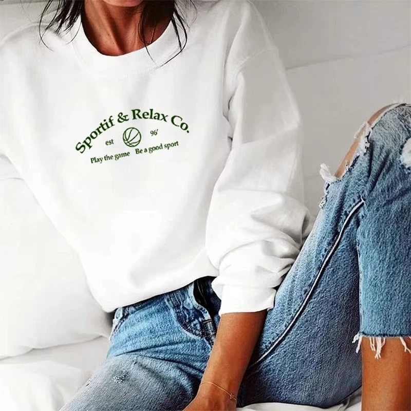 

American Vintage Sprot Make You Health Graphic Printing Women White Sweaters Loose Cotton Thick 2025 Autumn Warm Sweatshirts