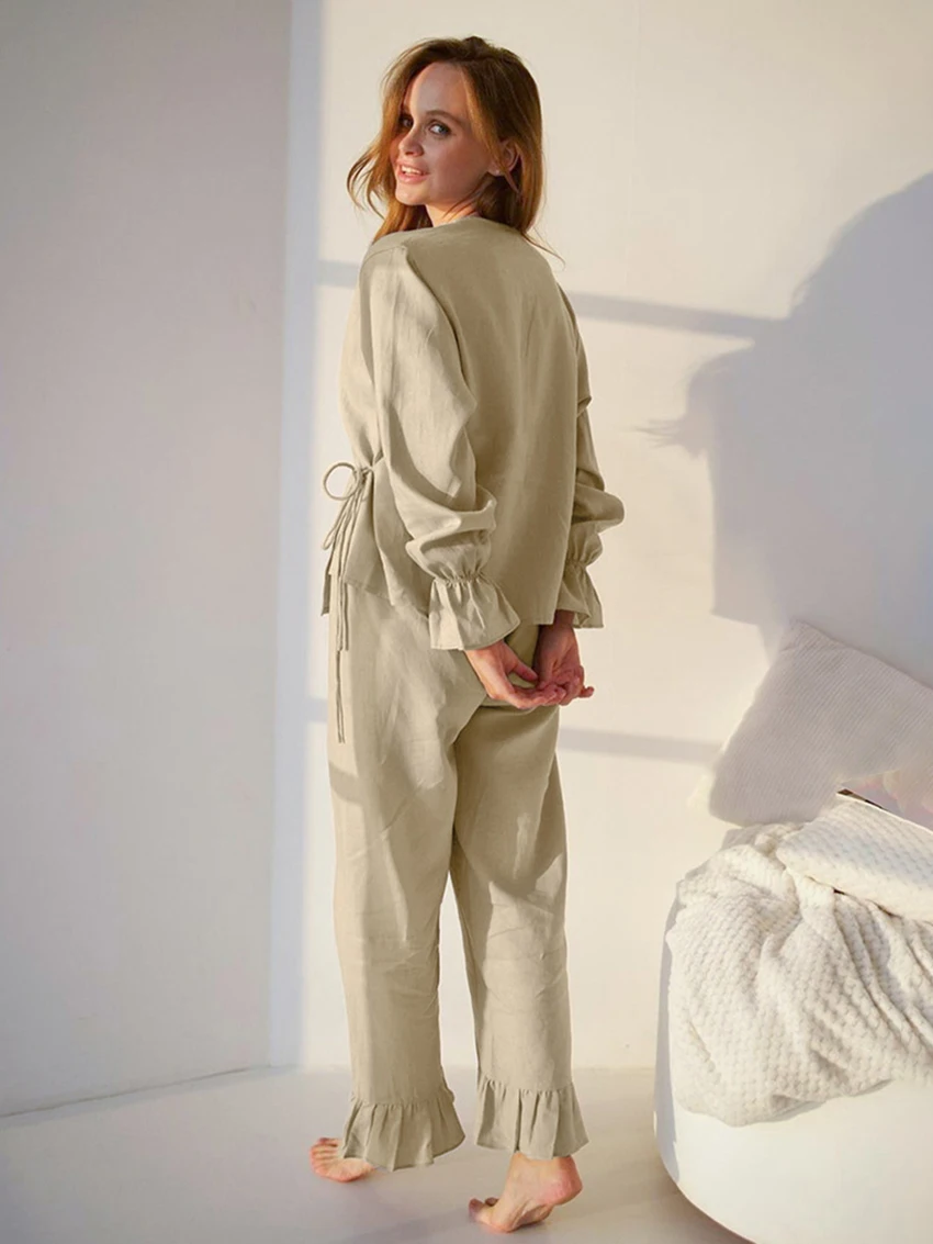 Marthaqiqi Khaki Women Pajama Suit Sexy V-Neck Sleepwear Long Sleeve Nightwear Lace Up Nightgowns Pants Causal Femme Nightie Set