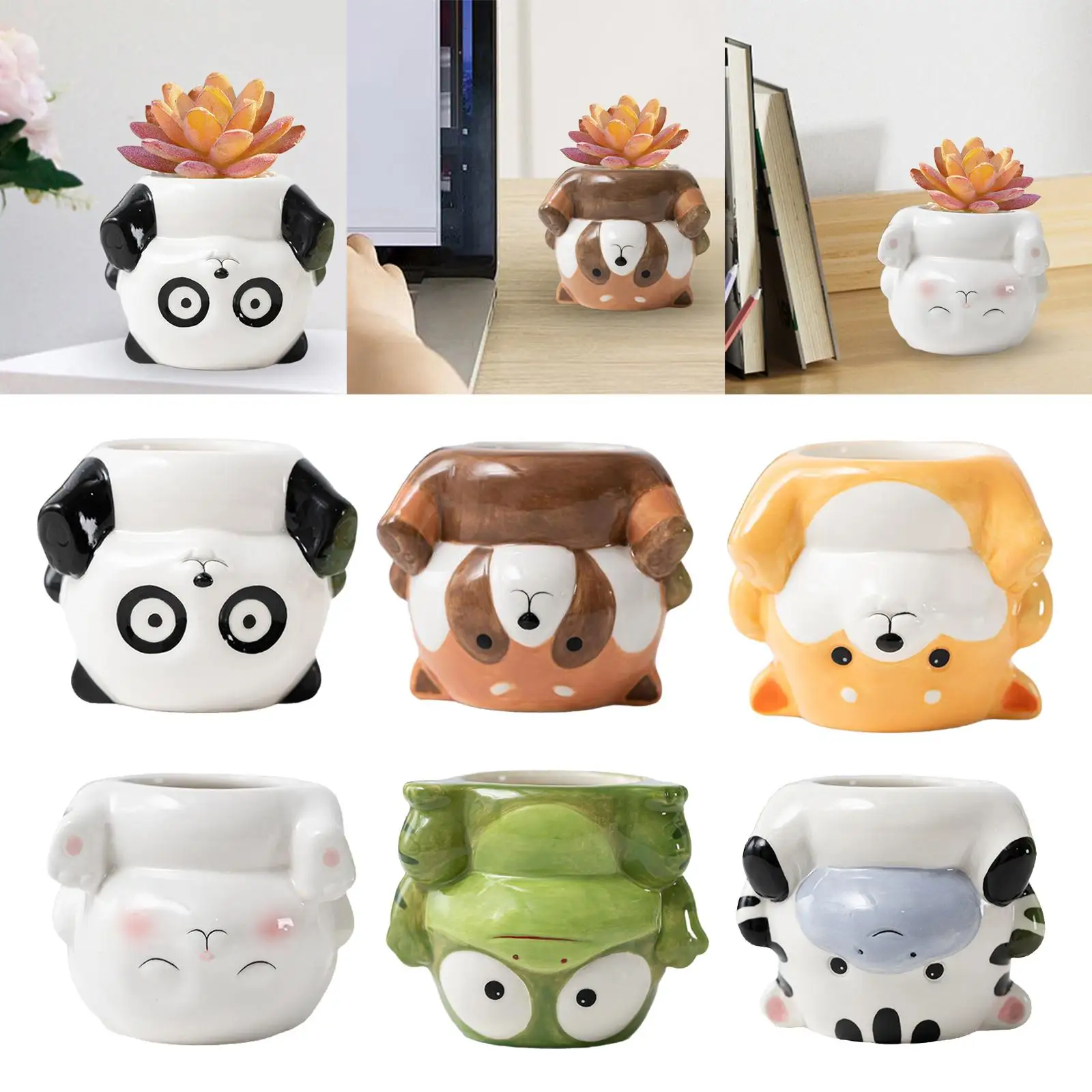 Ceramic Plant Pot Ornament Desk Gift with Drainage Hole Animal Planter Plants Holder for Office Bedroom Shelf Home Farmhouse