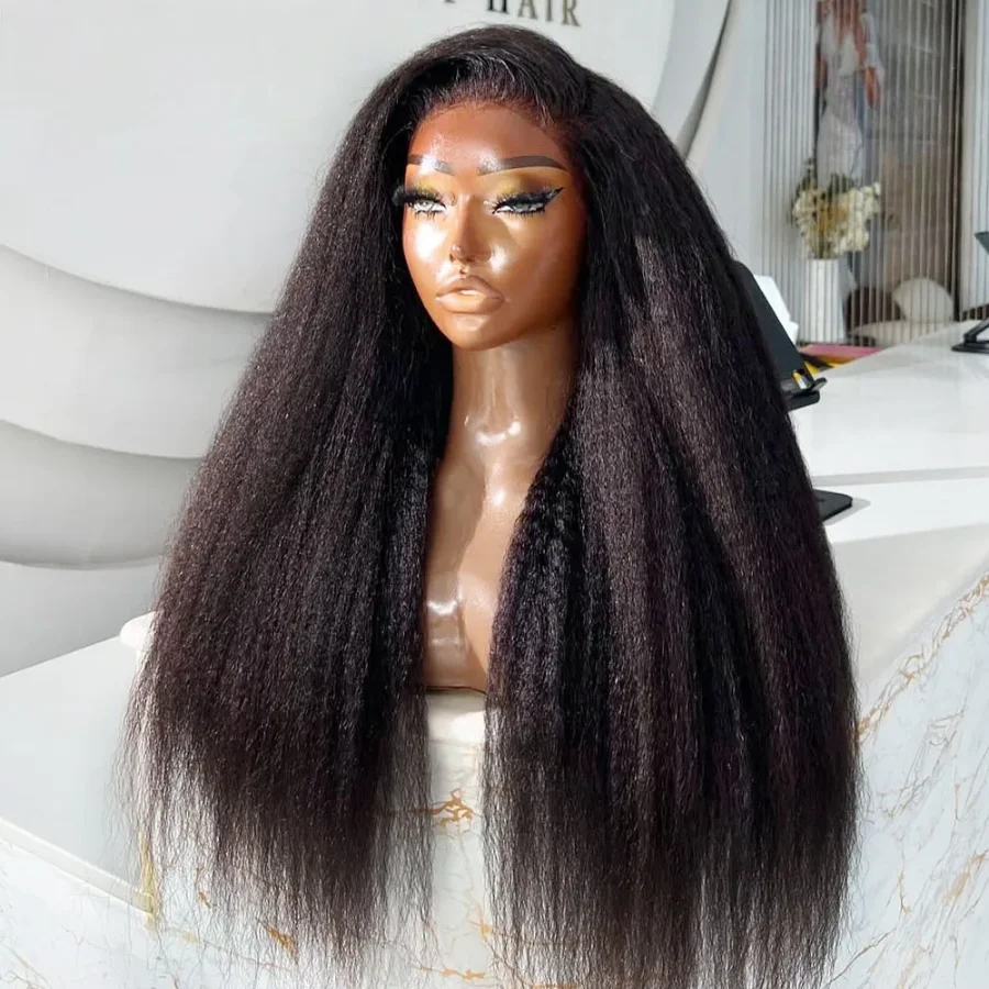 

Black Yaki Soft Pre-plucked 26" 180 Density Glueless Kinky Straight Synthetic 13X4 Lace Front Wig For Women Baby Hair Daily