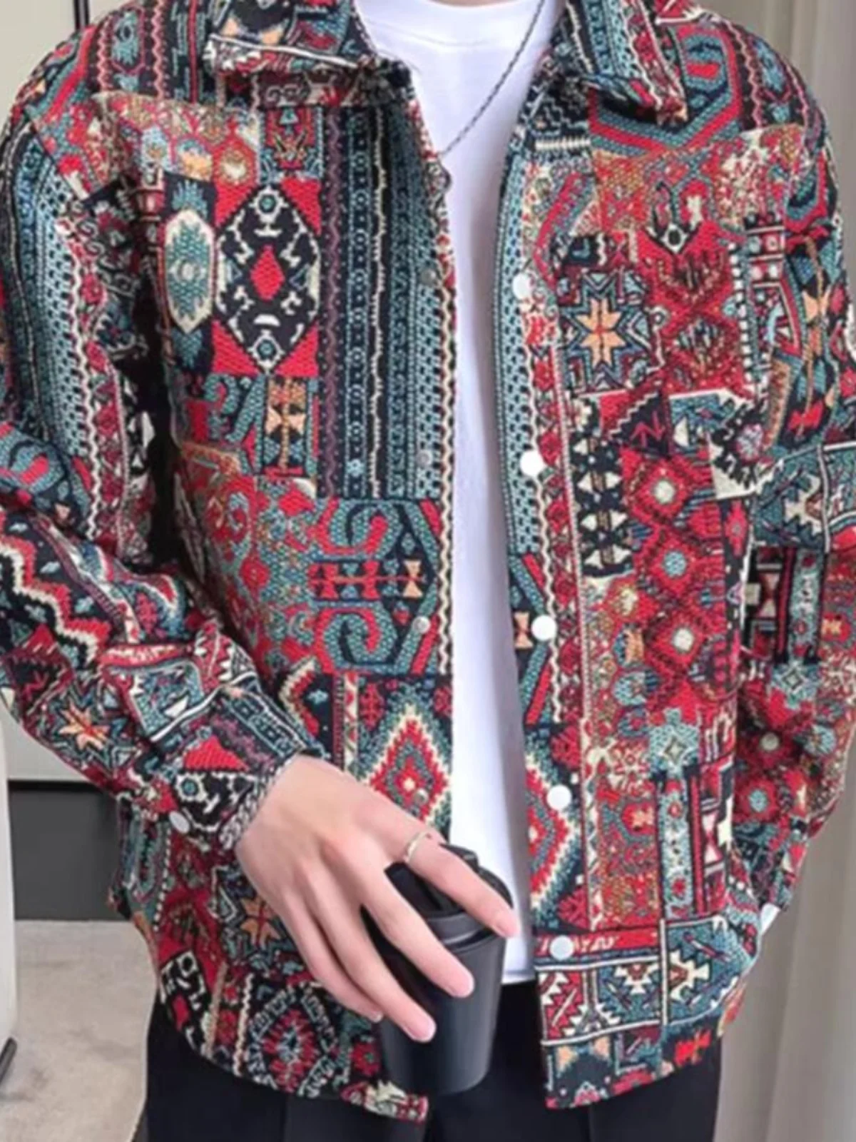 

Loose Fit Indian Sle Long Sve Men's irt n Vintage Baroque Tibetan Print fiti Casual Faion Youth irt