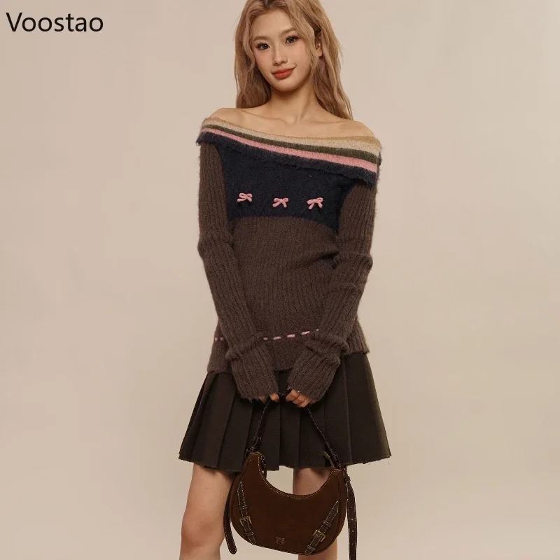 Autumn Winter Y2k Aesthetic Knitted Pullovers Women Elegant Striped Slash Neck Bow Sweaters Fashion Female Vintage Knitwear Tops