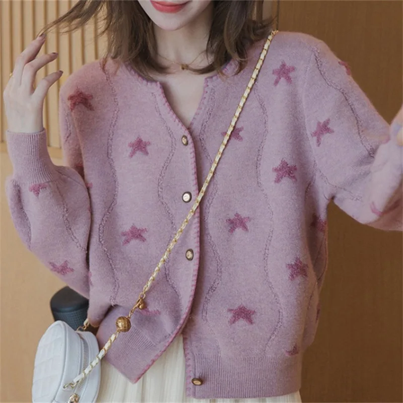 

Women's Sweater Spring Autumn New Style Korean Versatile Sweet Style Soft Cozy V-Neck Knitted Open Cardigan Star Pattern
